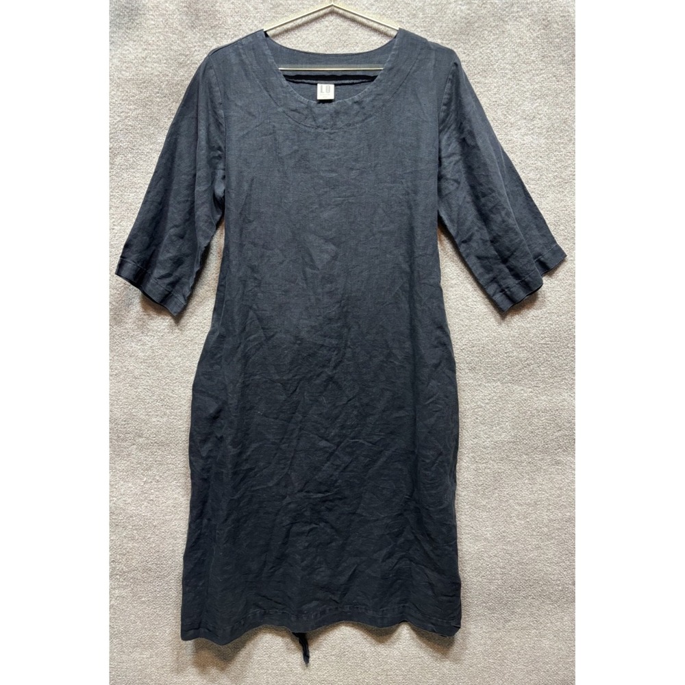Len Ok Midi Dress Womens XXL Faded Black 100% Linen Belted Pockets Lagenlook